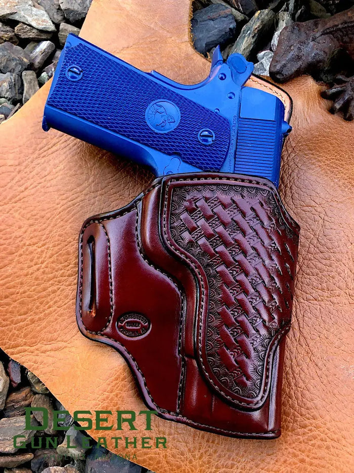 1911 Avenger holster, mahogany leather with black thread stitching, basket stamp overlay, front view