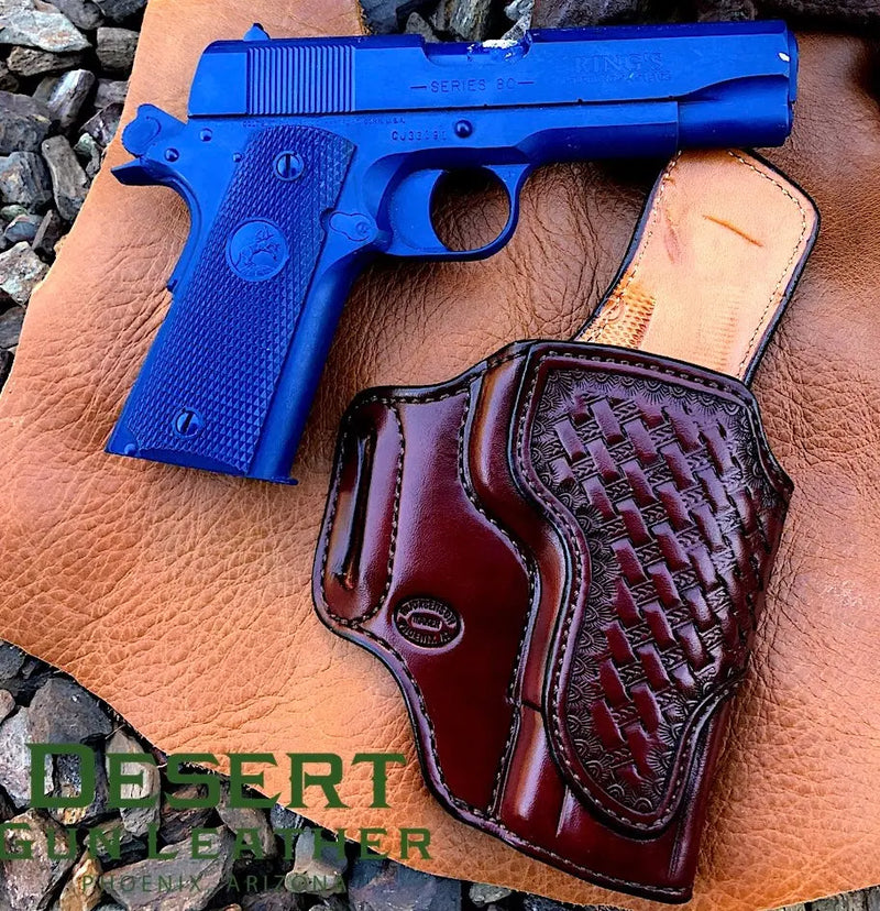 1911 Avenger holster, mahogany leather with black thread stitching, basket stamp overlay, smooth lining leather