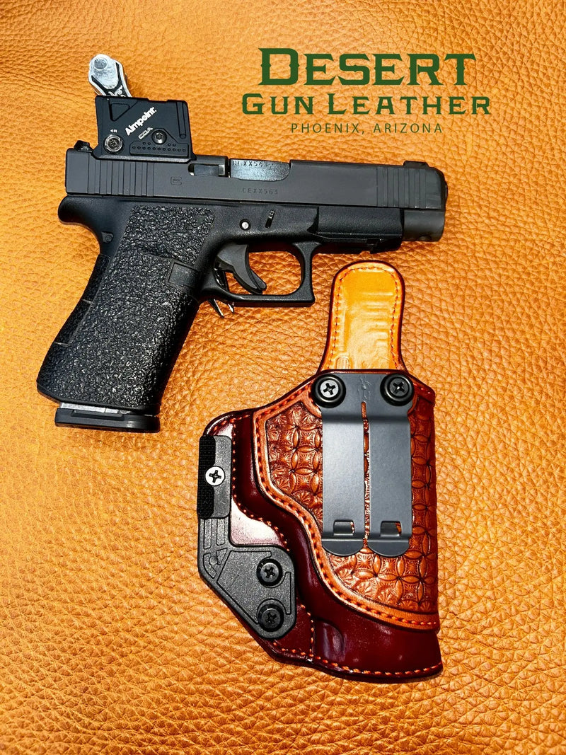 Undercover Elite IWB holster, mahogany leather, hand-tooled chestnut overlay, burnt orange stitching, for Glock 48 optic