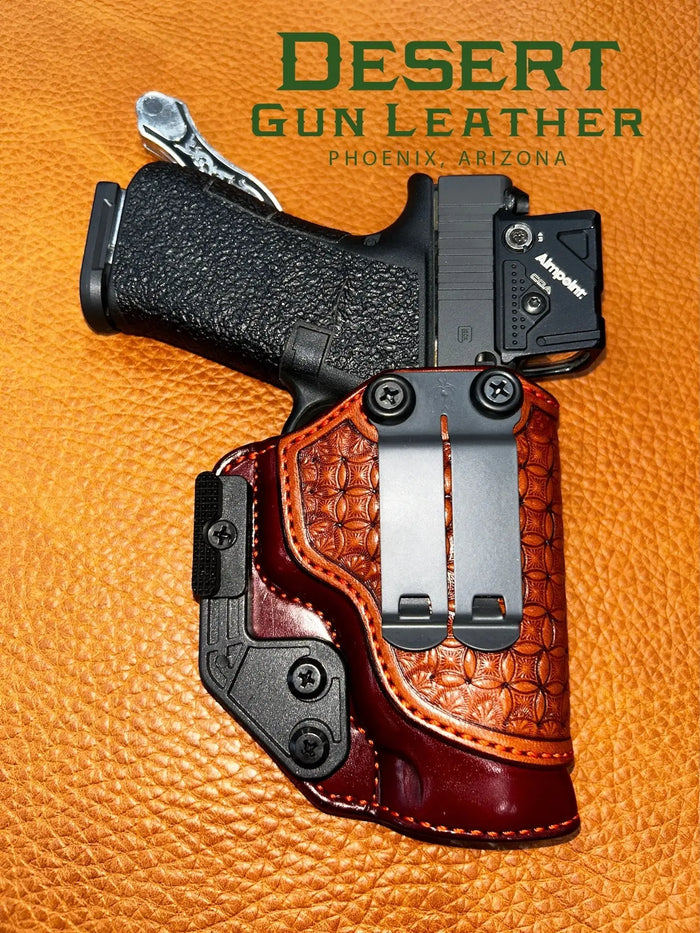 Undercover Elite IWB holster, mahogany leather body with chestnut overlay and burnt orange stitching, for Glock 48 with optic