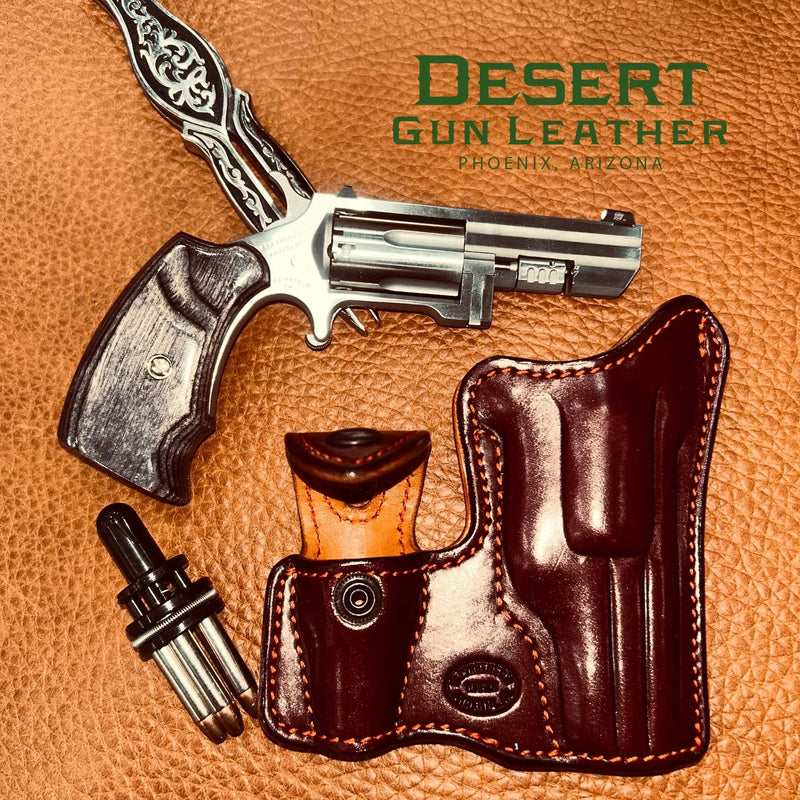 NAA Recluse pocket holster, mahogany leather, with speed loader pouch and Magnum speed loader