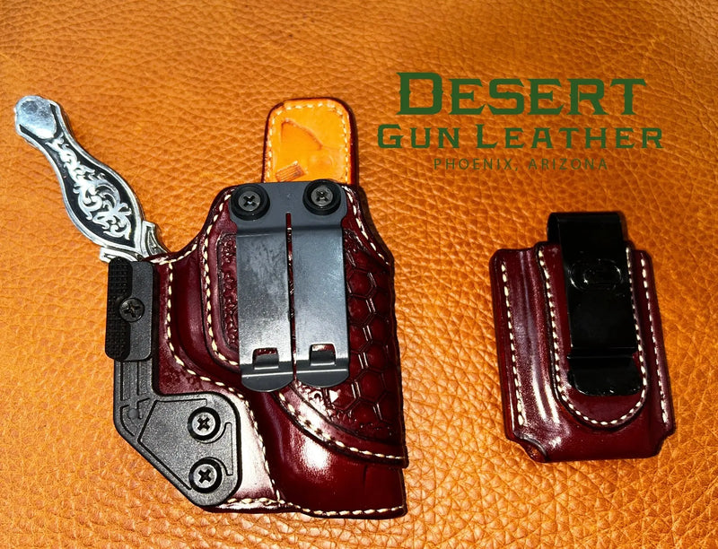 Undercover Elite IWB holster and mag carrier for Walther PPK/s, mahogany leather with hexagon hand tooling, metal clip