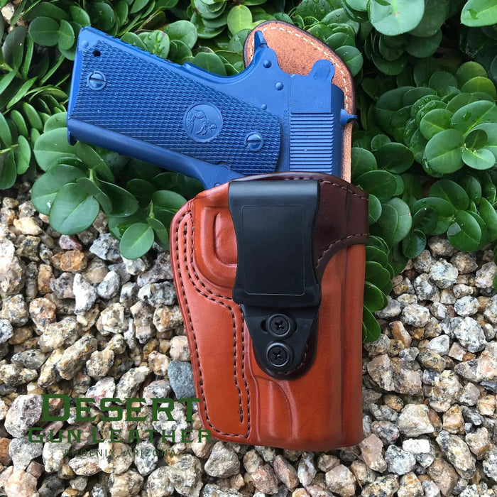 1911 Commander tuckable IWB holster, chestnut color leather with brown stitching