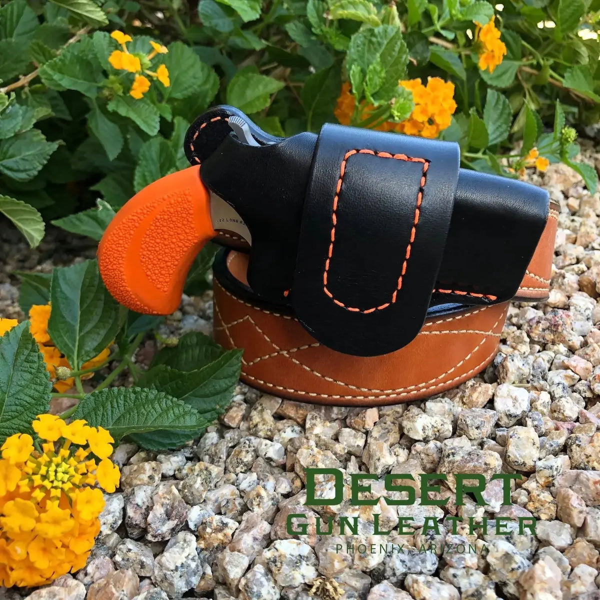 Right Hand Driving Holster for a NAA Bug Out, black leather with safety orange stitching