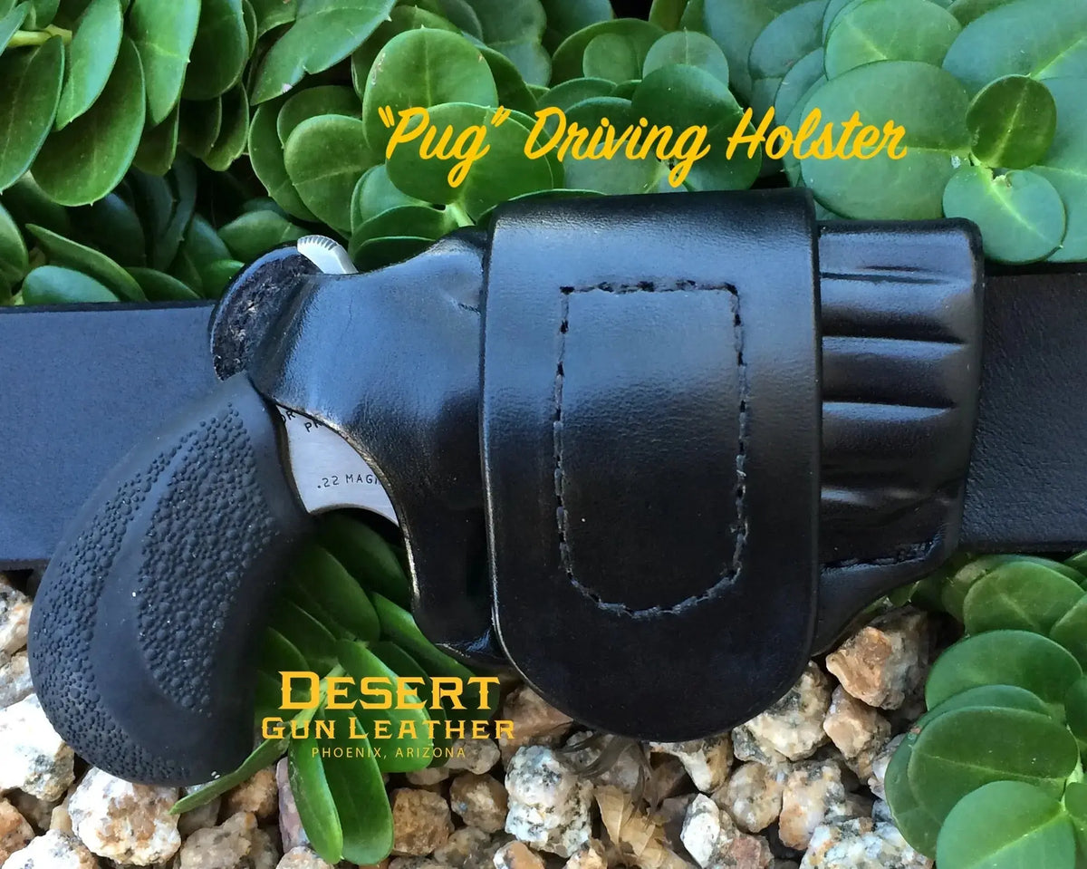 Right Hand Driving Holster for a NAA Pug, black leather with black stitching